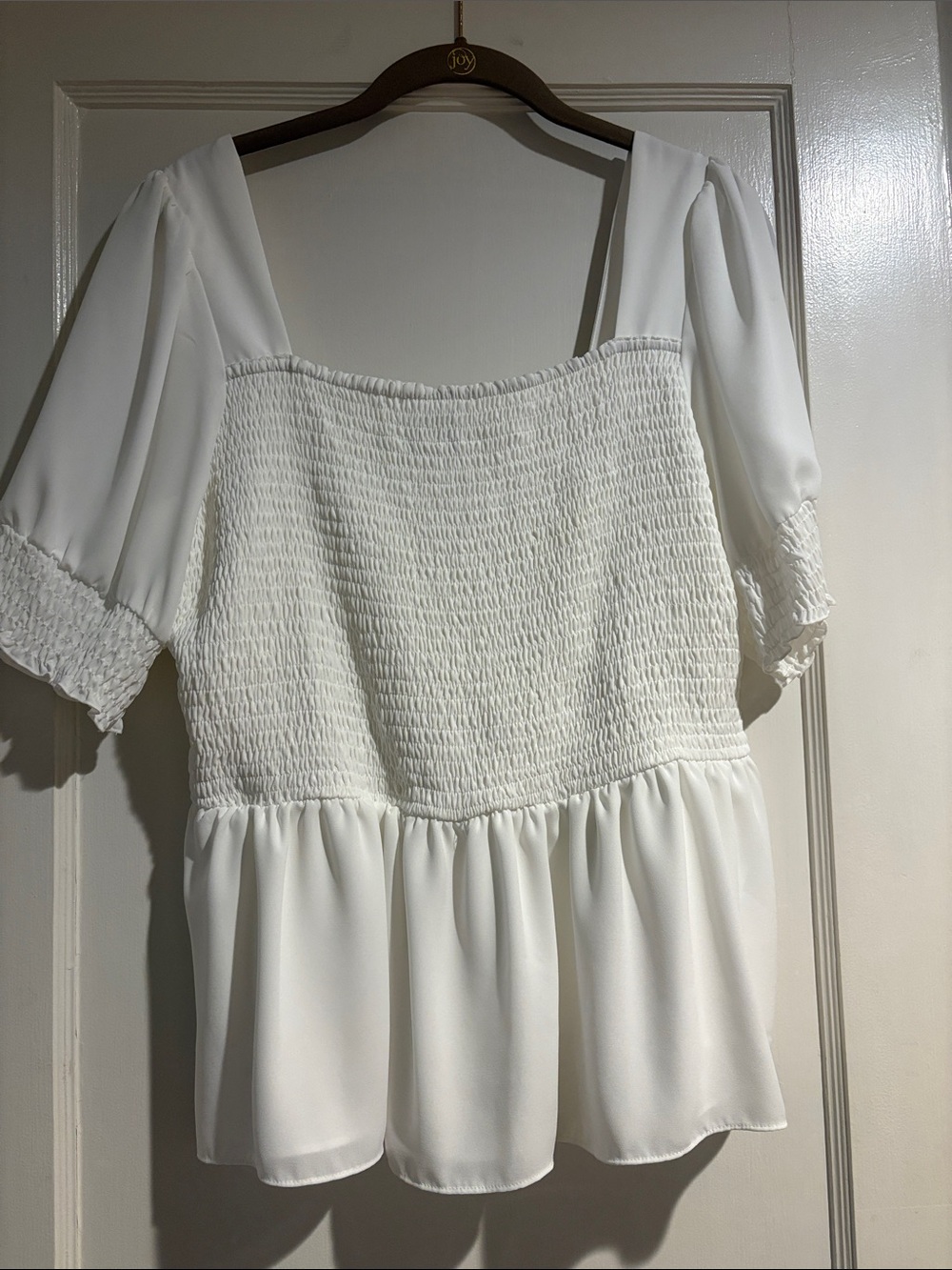 Nine West White Smocked Peplum Square Neck Blouse